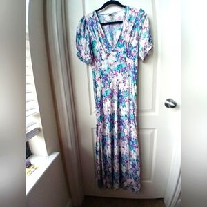 A New Day Pink and Blue Puff Sleeve V-Neck Maxi Dress